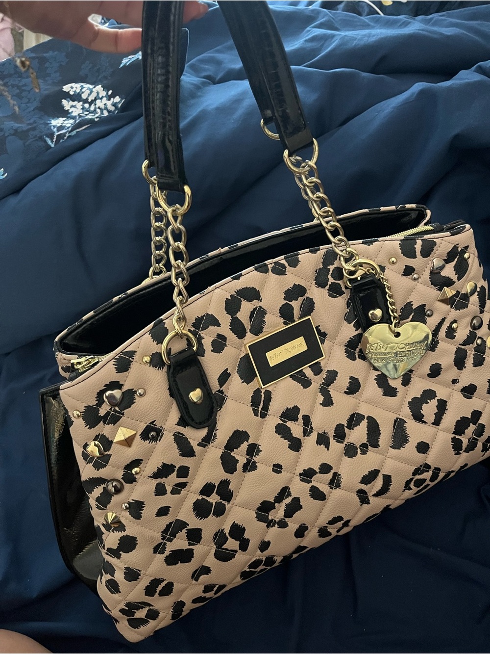 Betsey Johnson Leopard Print Tote Bag with Gold Hardware - Black & Beige
